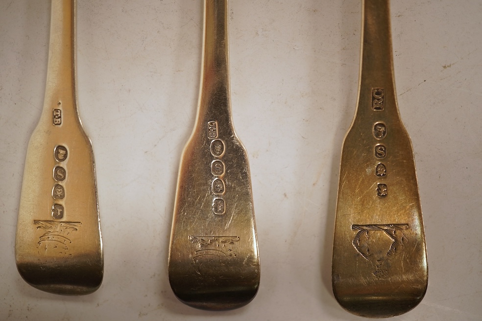 A matched set of six George III silver fiddle pattern dessert forks, all London, 1813, five by Thomas Wilkes Booth, 7.6oz.